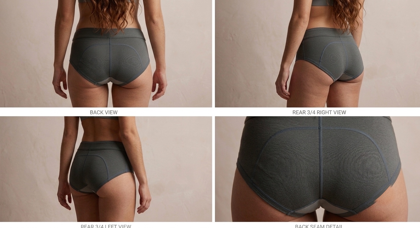 Four rear views of the hæld briefs, including a close-up of the concentric back seam support detail