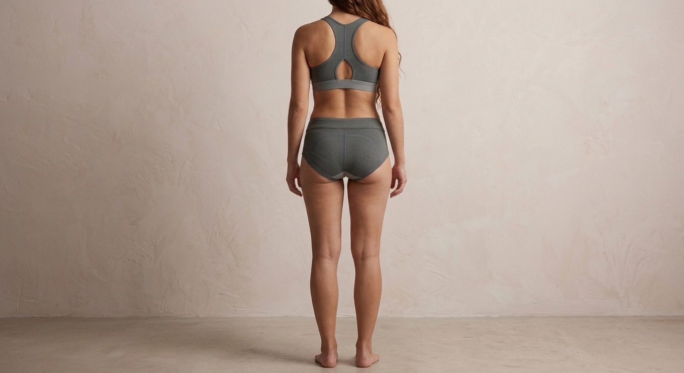 Full-body back view of the hæld Neo-Form set showing the racerback bra and support briefs