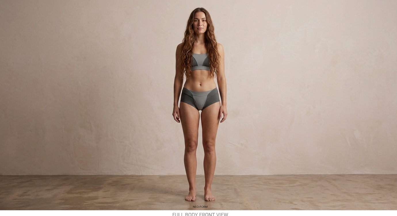 Model wearing the hæld Neo-Form set — sage-grey briefs and bra top — standing in a warm plaster studio