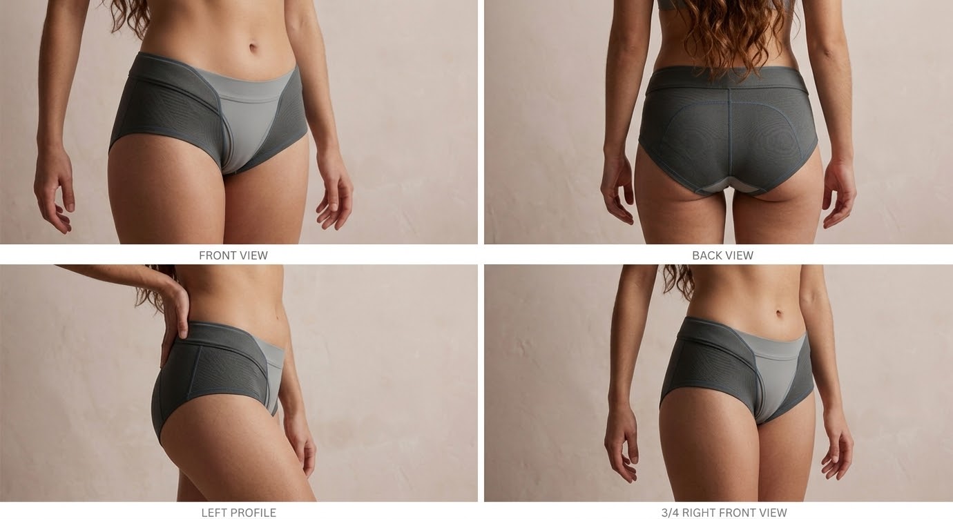 Grid of four product views of the hæld briefs: front, back, left profile and three-quarter right